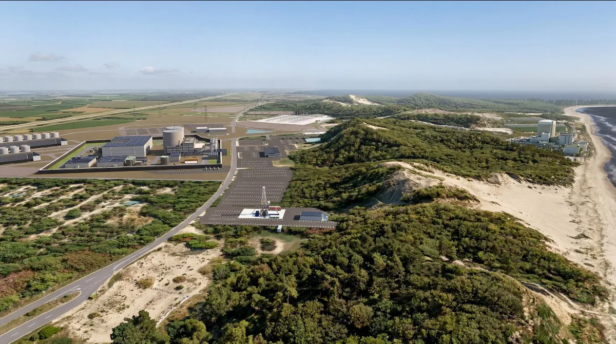 Pioneer SMR-300 Power Plant Rendering (left) and Palisades Nuclear Plant (right)